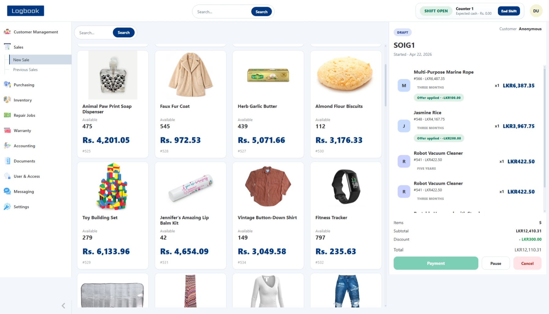 Sales workflow screenshot from the Logbook demo.